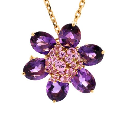Hawaii Flower Brooch Necklace 18K Yellow Gold with Pink Sapphires and Amethysts