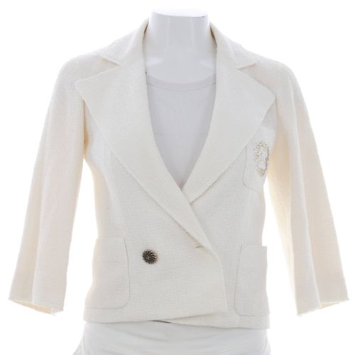 Women's CC Crest Pocket Double Breasted Cropped Sleeve Jacket Tweed