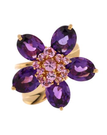 Hawaii Flower Ring 18K Yellow Gold with Amethyst and Pink Sapphires