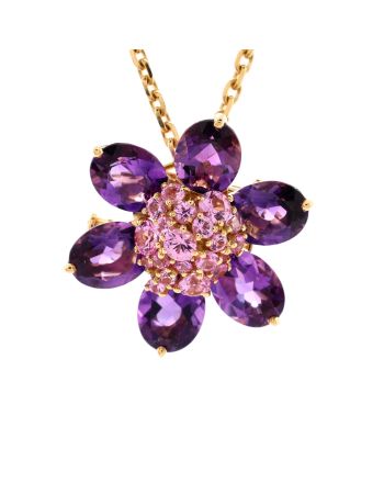 Hawaii Flower Brooch Necklace 18K Yellow Gold with Pink Sapphires and Amethysts